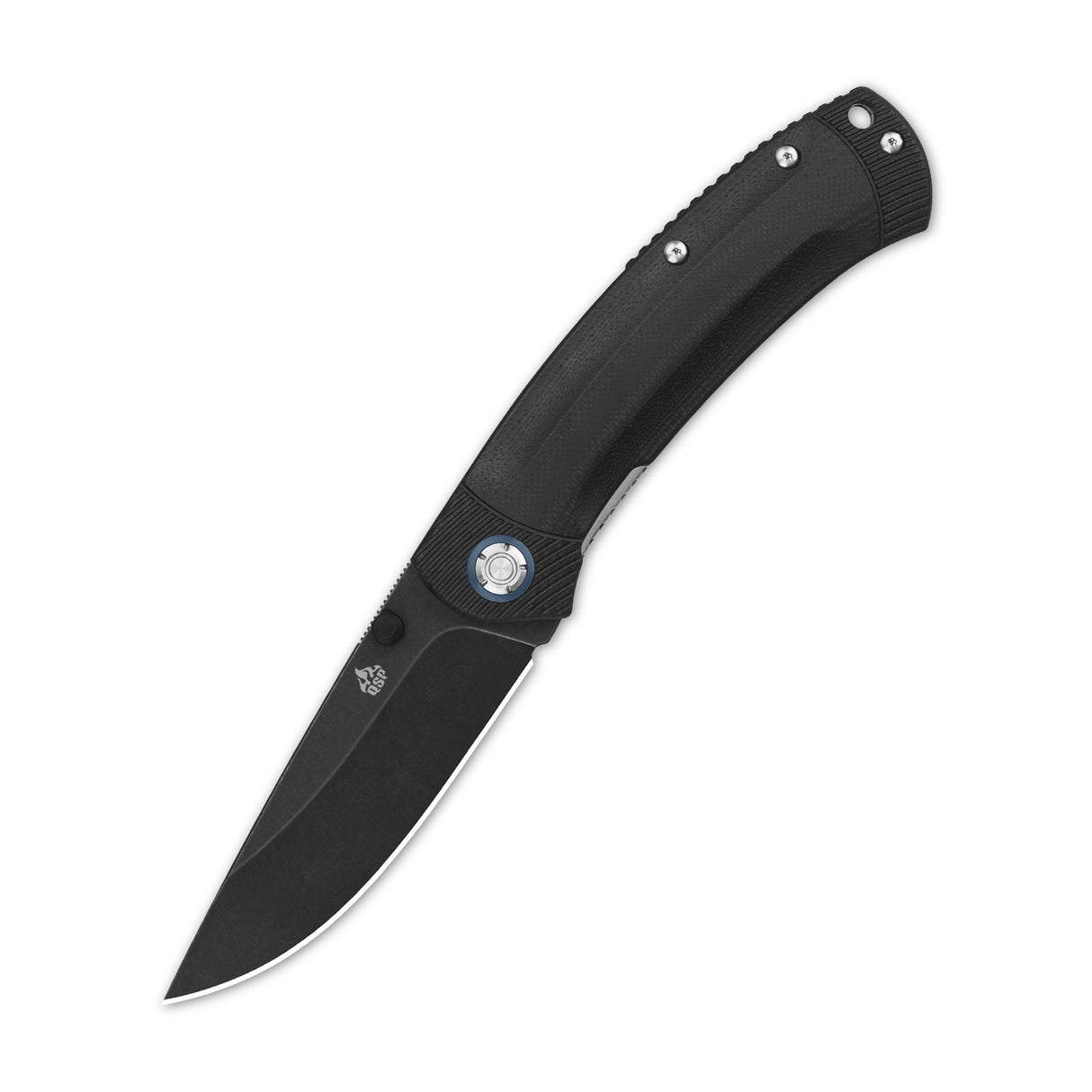 QSP Copperhead pocket knife with black G10 handle and drop point Sandvik blade.