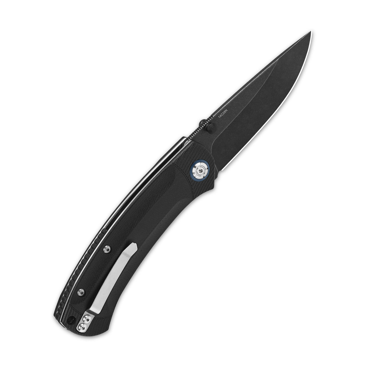 QSP Copperhead pocket knife with black G10 handle and Sandvik 14C28N drop point blade.