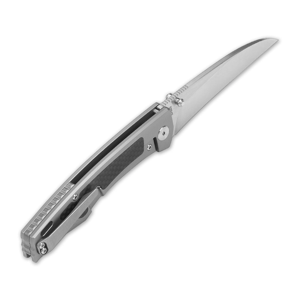 QSP Songbird pocket knife with sleek titanium handle and CPM S35VN blade angled view