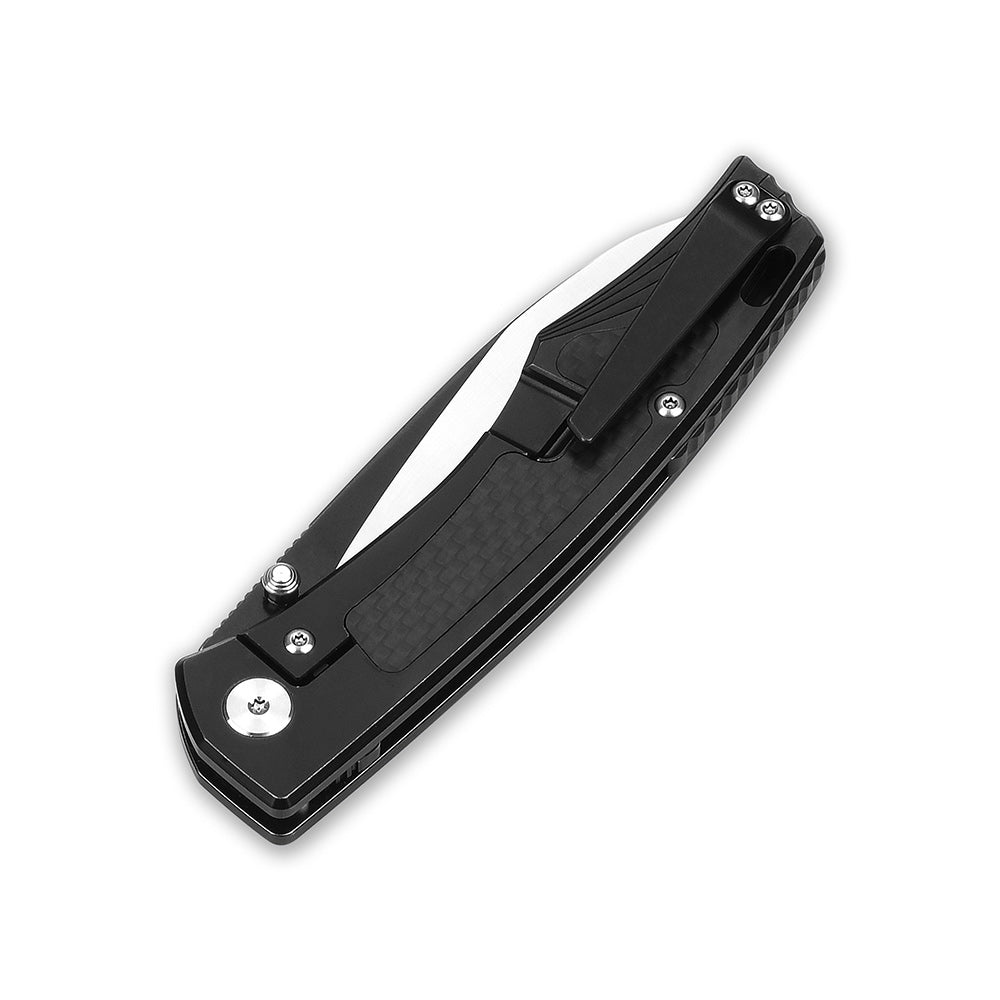QSP Songbird pocket knife in folded position with titanium handle and carbon fiber inlay.