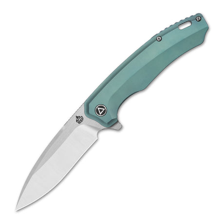 QSP Woodpecker pocket knife with textured titanium handle and Böhler M390 blade.