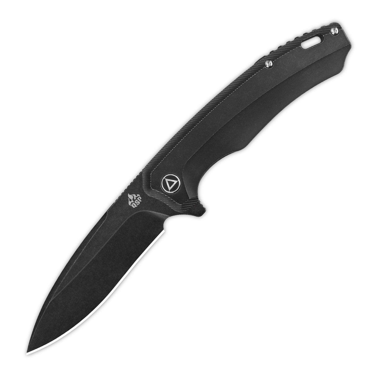 QSP Woodpecker Frame Lock Pocket Knife Böhler M390 Blade Black Stonewashed Titanium Handle