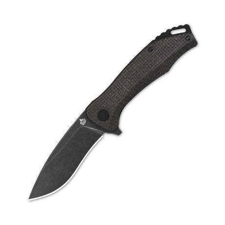 QSP Raven pocket knife D2 drop point blade with dark brown textured Micarta handle.