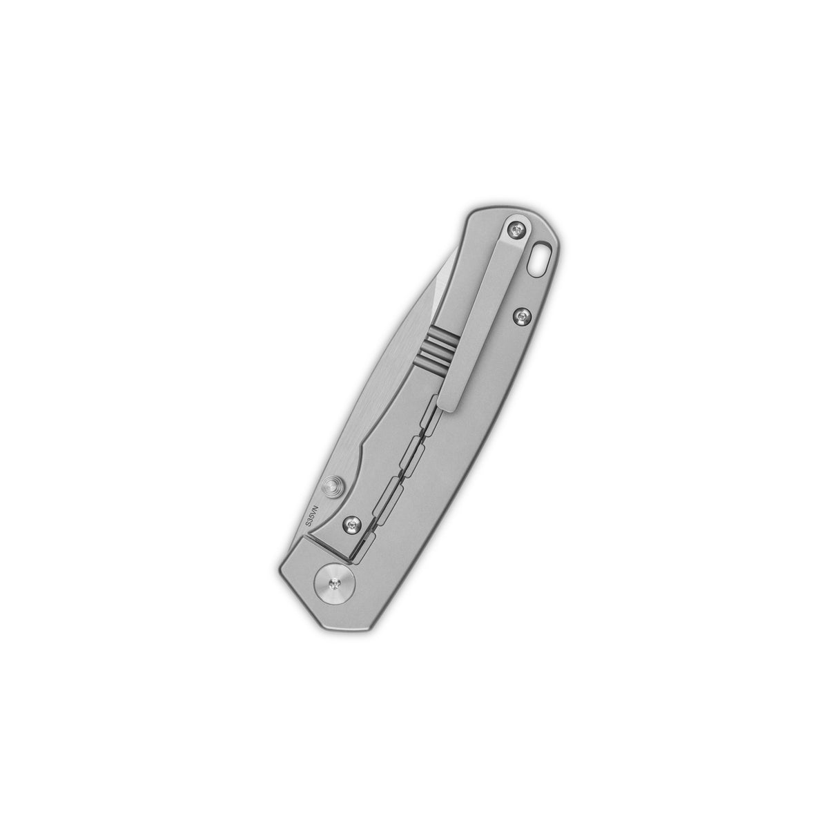 Compact QSP Puffin pocket knife with titanium handle and frame lock mechanism.