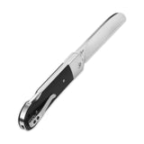 Folding knife with stainless steel blade and black G10 handle in open position.