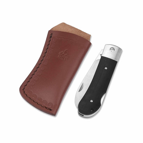 Folding knife with black G10 handle and leather pouch for storage.