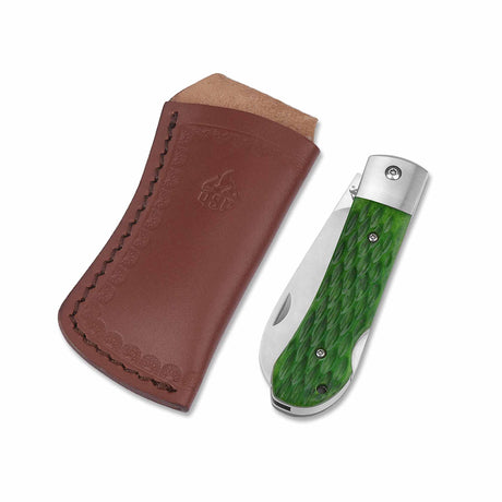 QSP Worker pocket knife with green handle and leather pouch