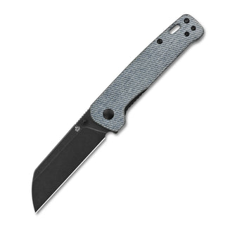 QSP Penguin pocket knife with D2 steel blade and blue denim Micarta handle displayed open