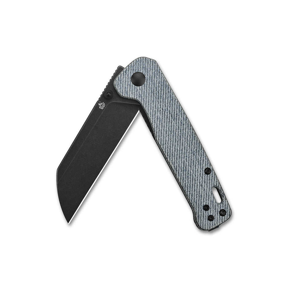 Partially open QSP Penguin pocket knife with D2 blade and denim Micarta handle