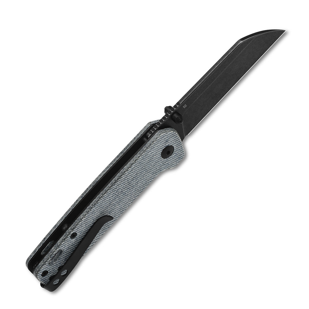 QSP Penguin pocket knife with black D2 blade and denim Micarta handle, shown closed.