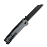 QSP Penguin pocket knife with black D2 blade and denim Micarta handle, shown closed.