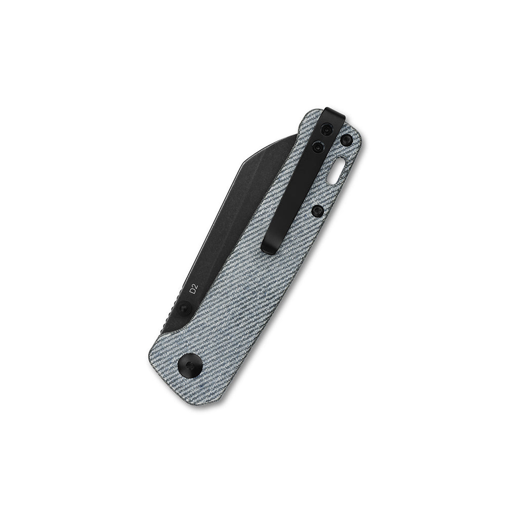 Closed QSP Penguin pocket knife with denim Micarta handle and D2 blade.