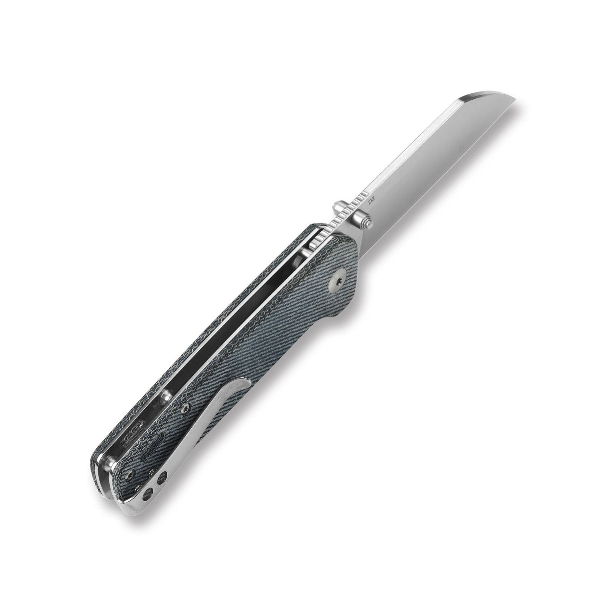 Partially open QSP Penguin pocket knife with D2 blade and denim Micarta handle