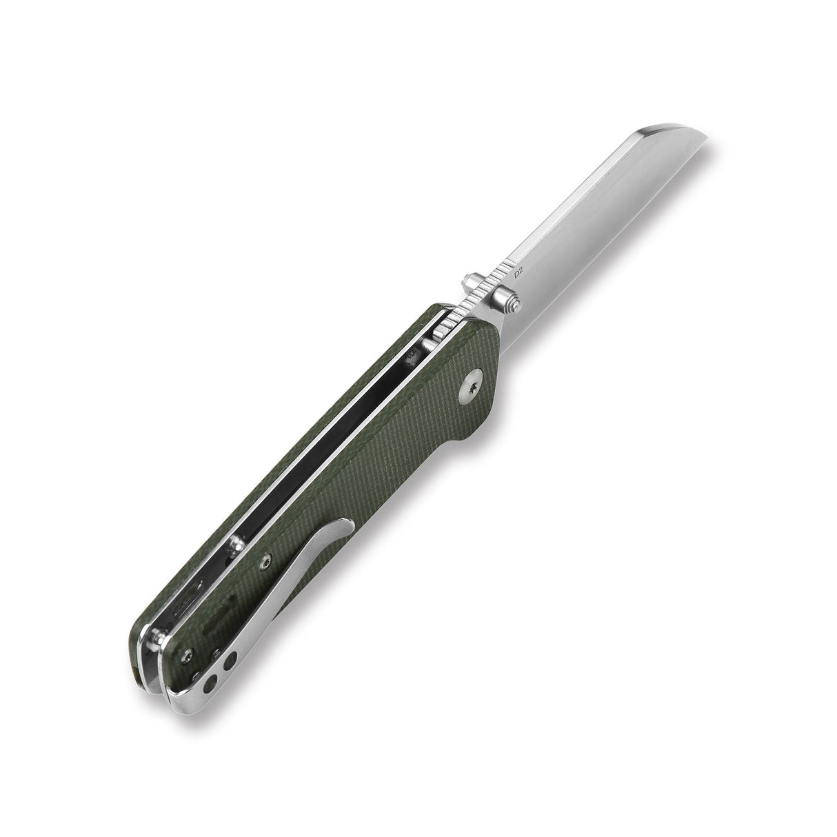 QSP Penguin pocket knife with green Micarta handle and polished D2 blade