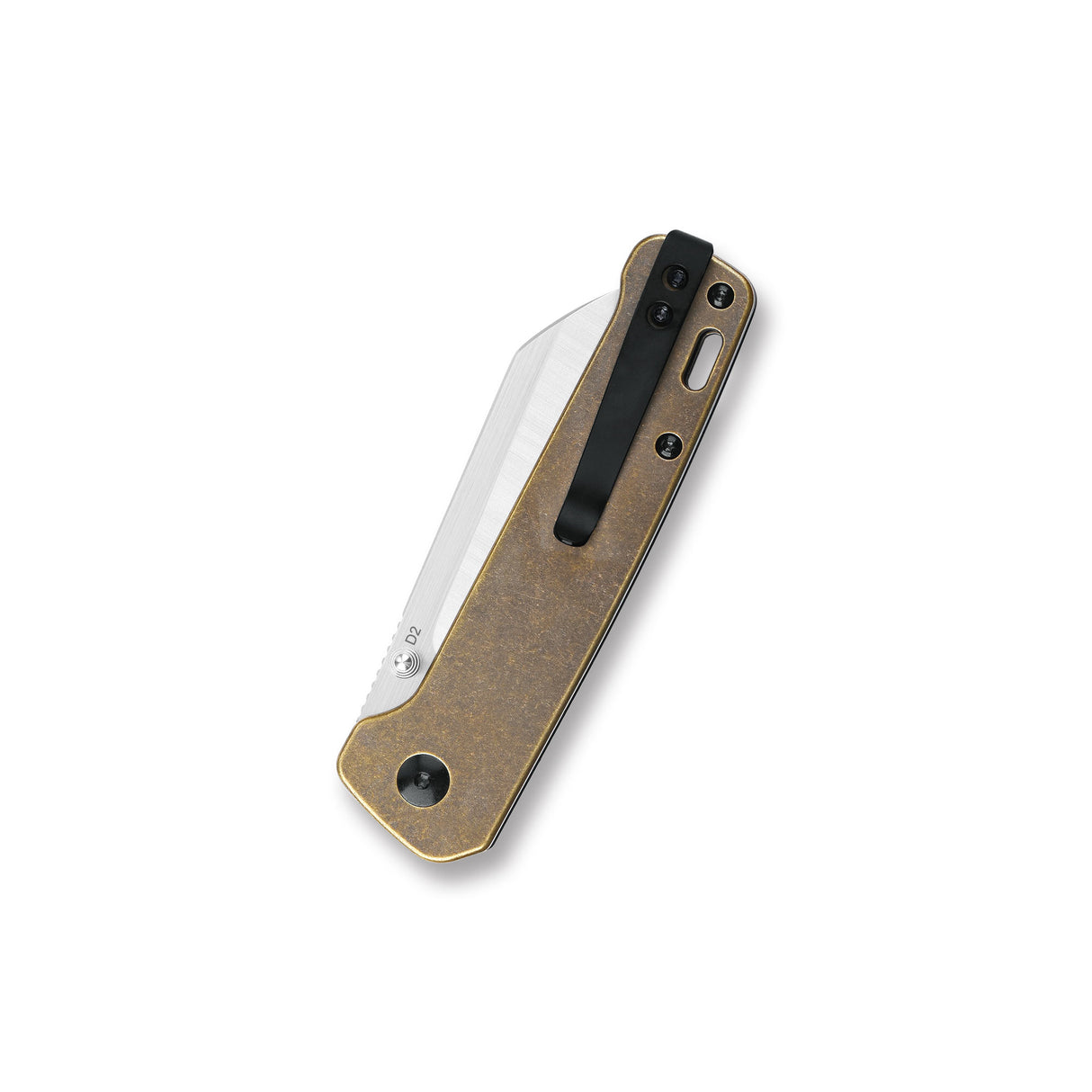 Side view of QSP Penguin pocket knife with D2 blade and brass handle design