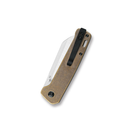 Side view of QSP Penguin pocket knife with D2 blade and brass handle design