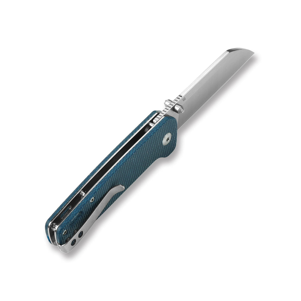 QSP Penguin pocket knife with D2 blade and blue Micarta handle side view
