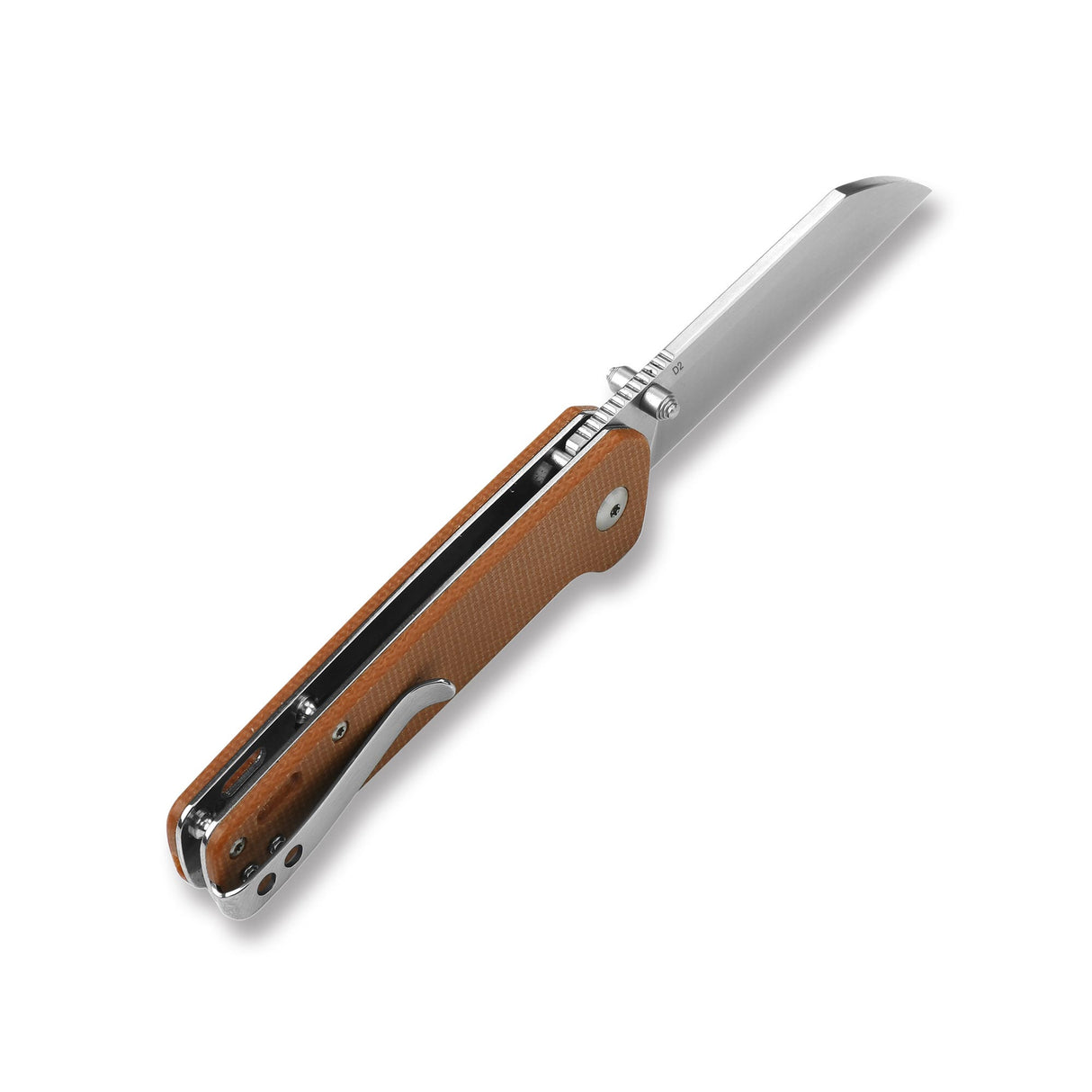 QSP Penguin pocket knife with polished D2 blade and brown Micarta handle side view.