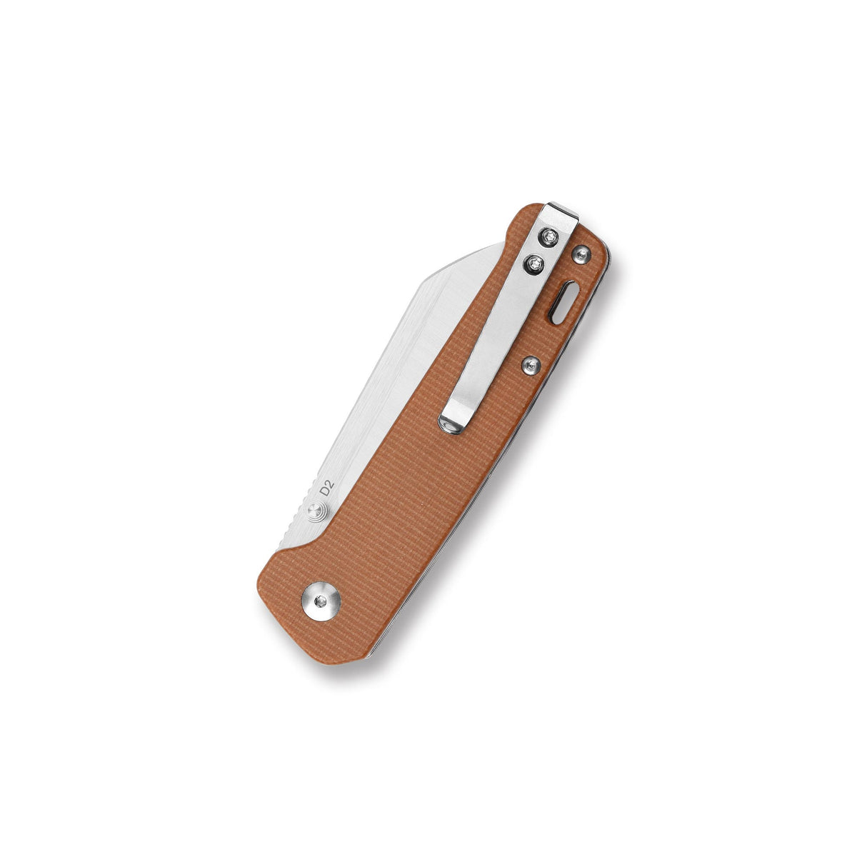 QSP Penguin knife featuring closed brown Micarta handle and D2 blade design.