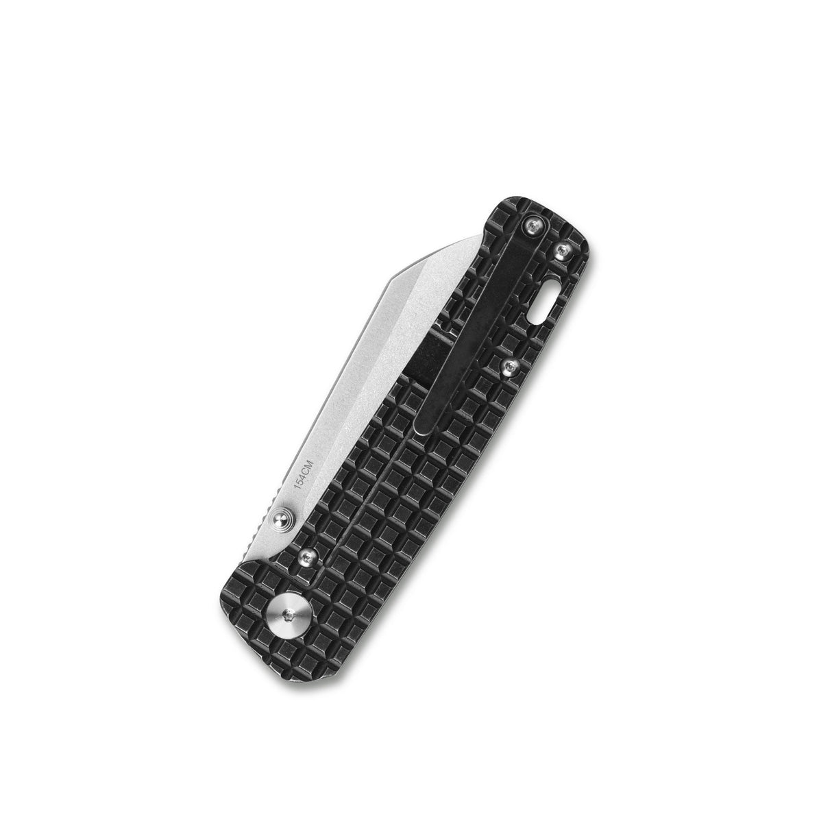 Closed QSP Penguin knife showcasing textured black titanium handle and 154CM blade