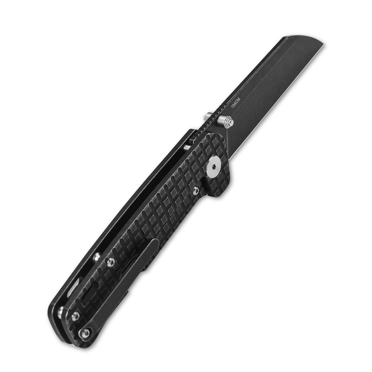 QSP Penguin pocket knife with sheepsfoot blade and textured black titanium handle open.