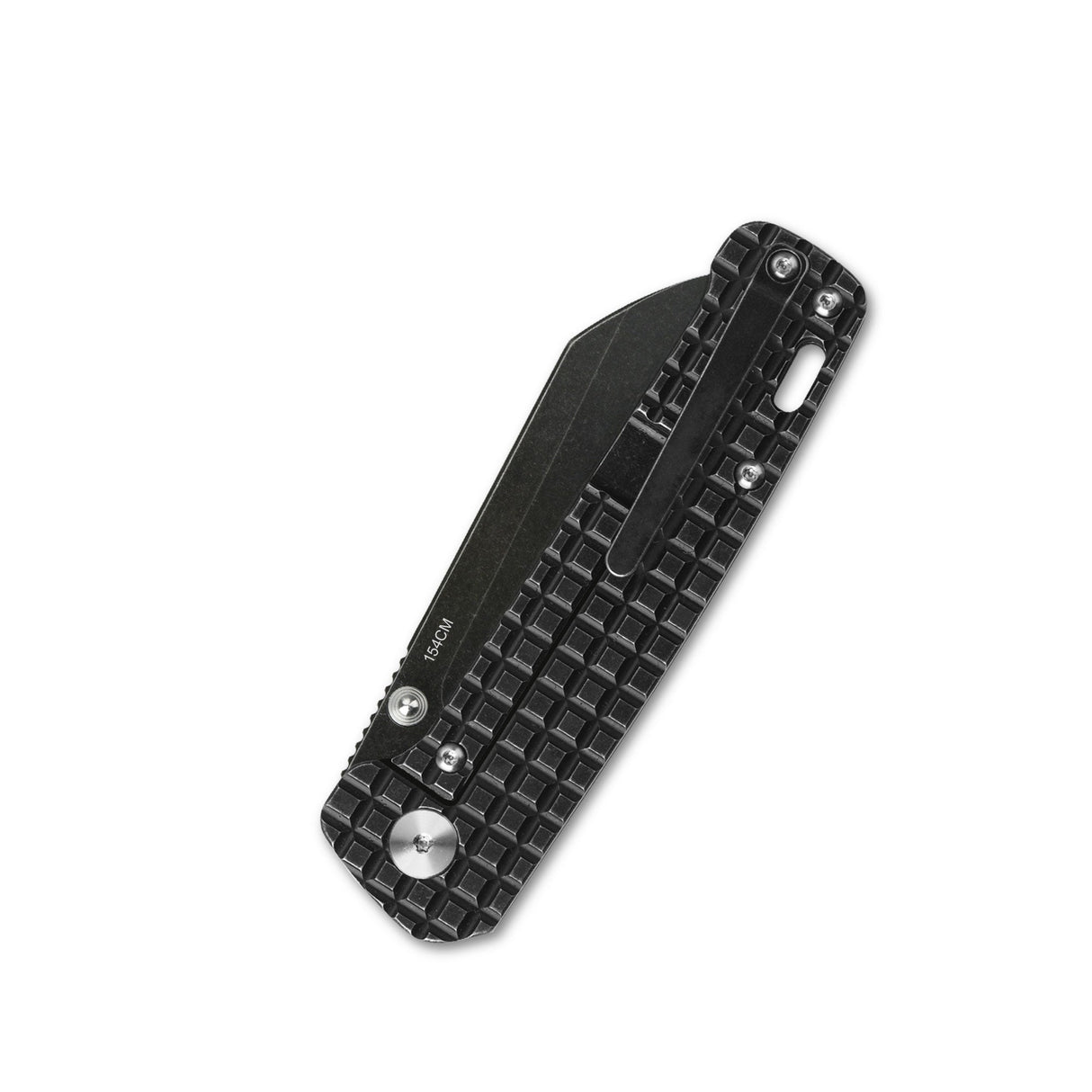 Closed QSP Penguin pocket knife with textured black titanium handle and sleek 154CM blade.