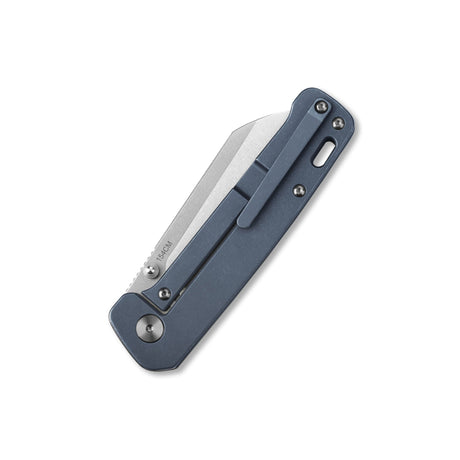 Side view of QSP Penguin pocket knife with 154CM blade and blue titanium handle