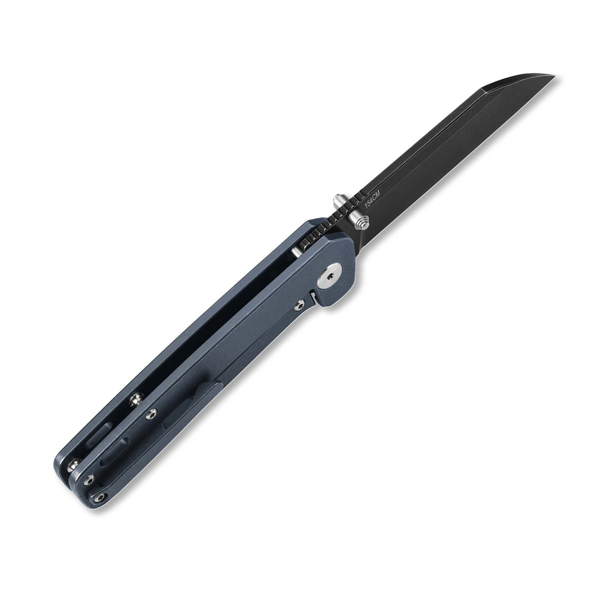 Side view of QSP Penguin pocket knife with black blade and blue titanium handle