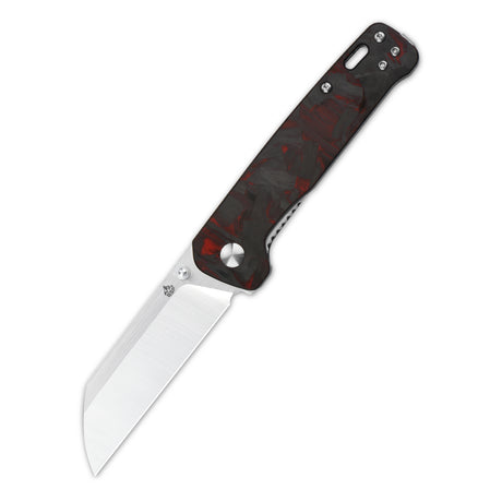 QSP Penguin liner lock pocket knife with red shredded CF G10 handle and D2 blade