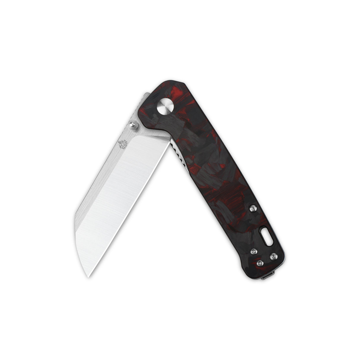 QSP Penguin pocket knife with D2 blade and red carbon fiber G10 handle in open position