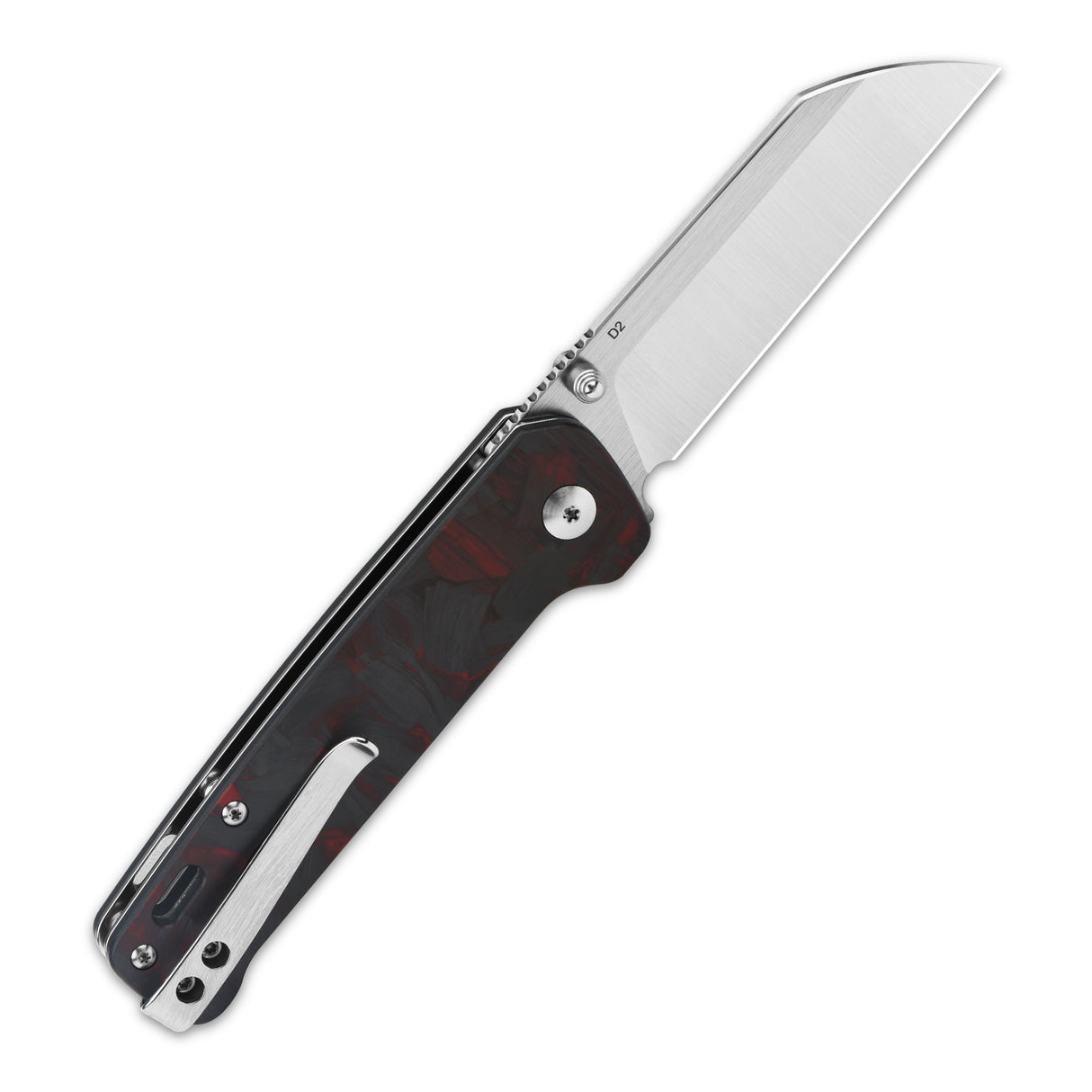 QSP Penguin pocket knife with D2 blade and red G10 handle, shown open.