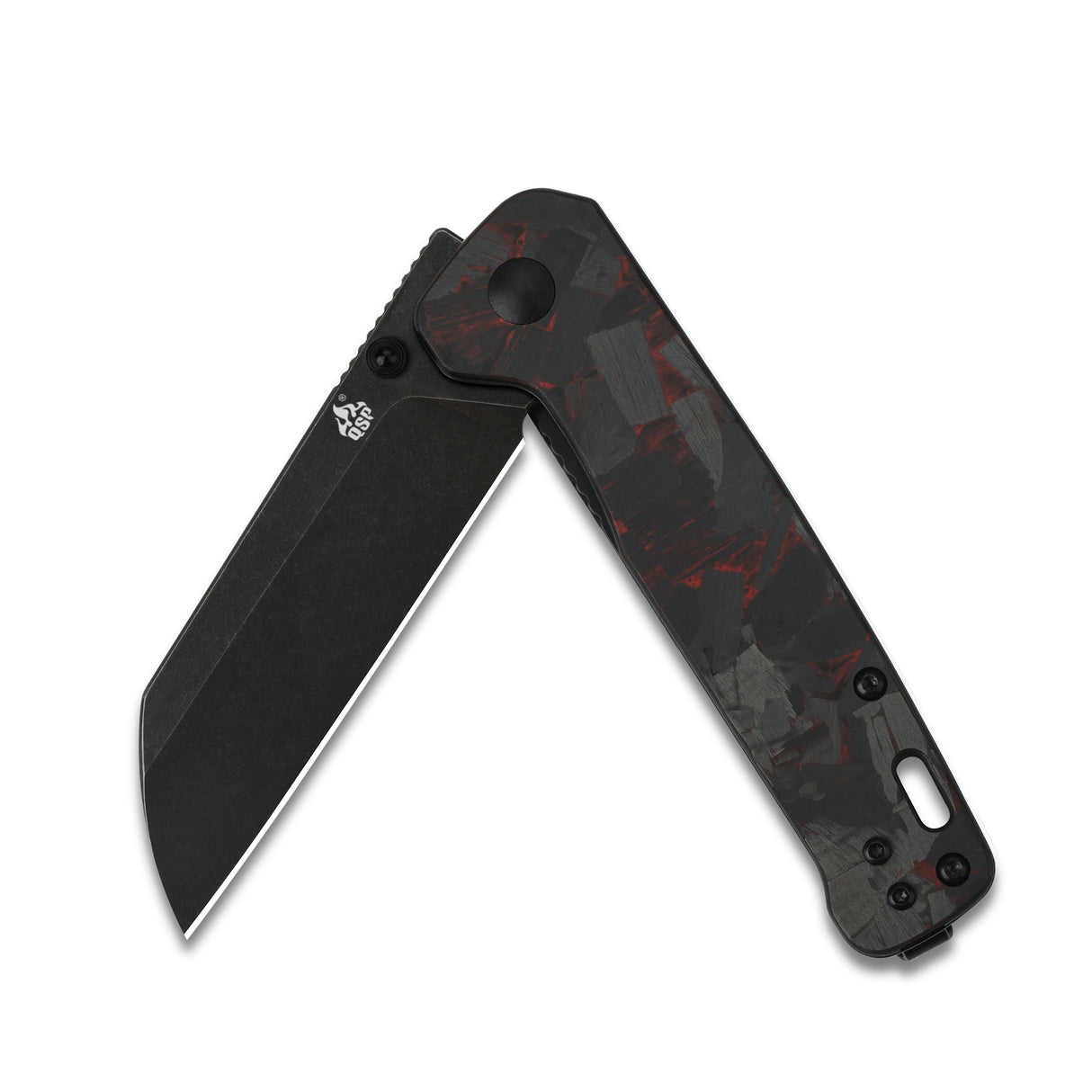 QSP Penguin pocket knife with red shredded CF G10 handle and closed black D2 blade