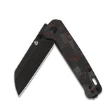 QSP Penguin pocket knife with red shredded CF G10 handle and closed black D2 blade