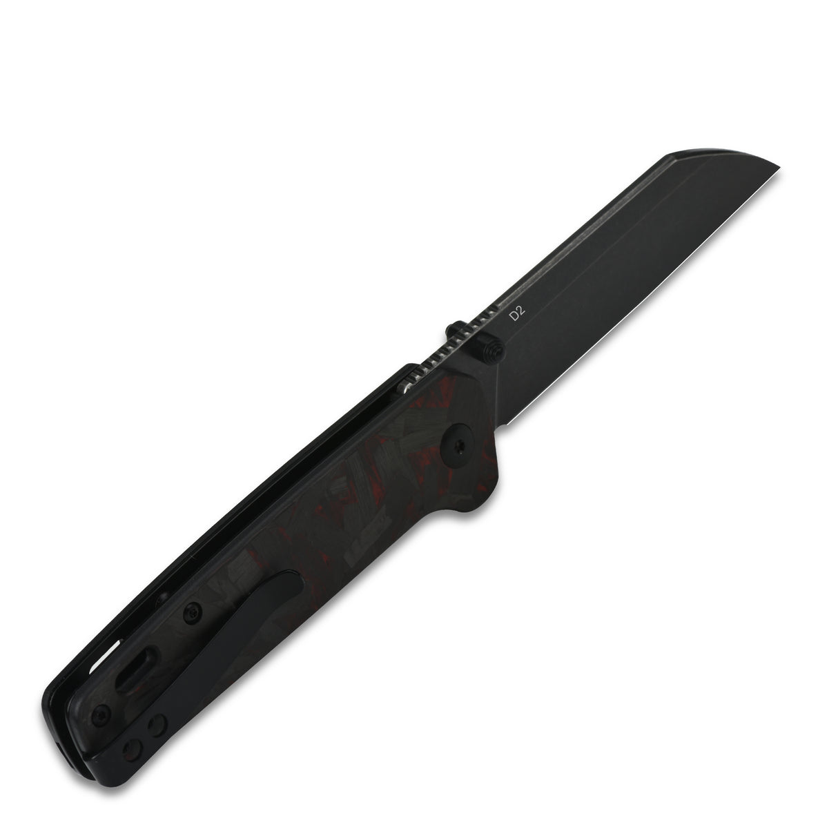 QSP Penguin pocket knife with black D2 blade and red CF G10 handle, side profile view