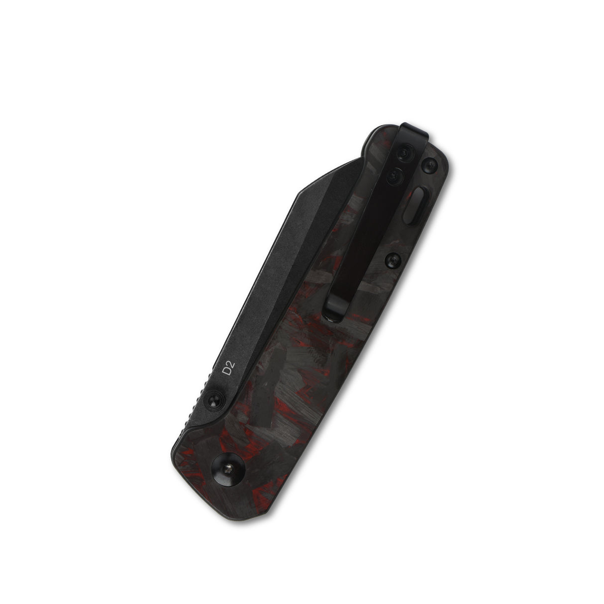 Closed QSP Penguin pocket knife with black D2 blade and red CF G10 handle