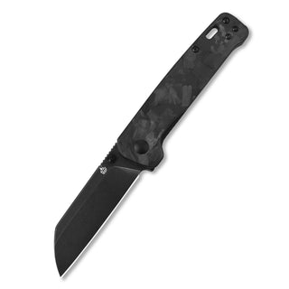 QSP Penguin pocket knife with D2 blade and black shredded carbon fiber handle.