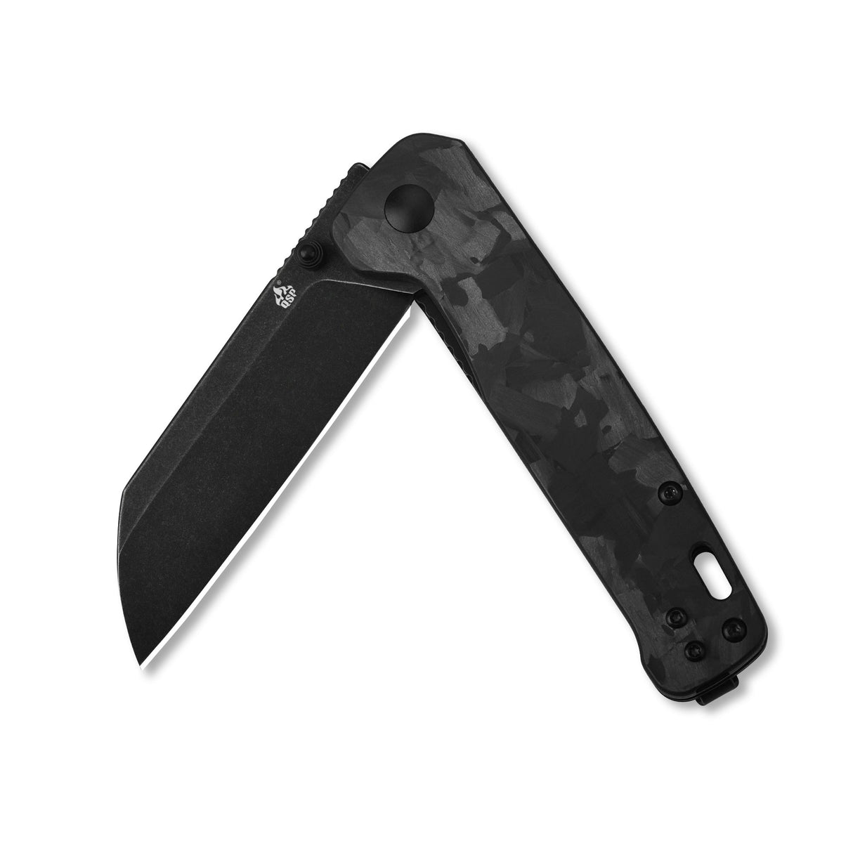 QSP Penguin pocket knife with black sheepsfoot D2 blade and textured handle, closed view.