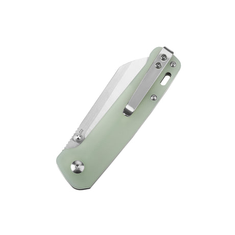 Folded QSP Penguin pocket knife with jade G10 handle and D2 blade