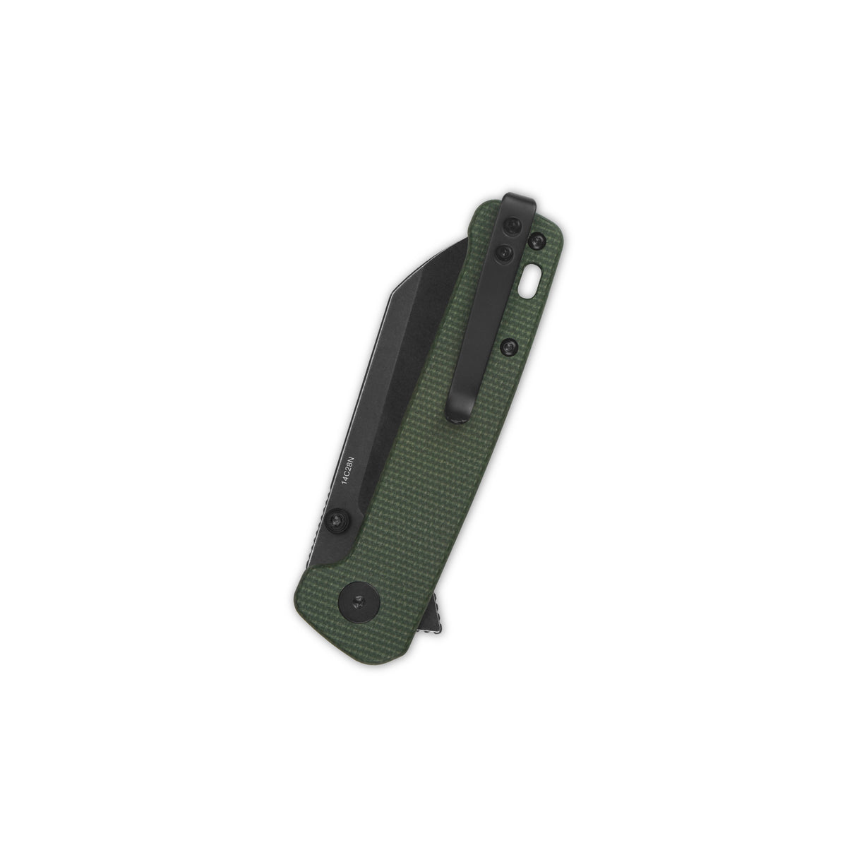 QSP Penguin Button Lock Pocket Knife with green micarta handle and sheepsfoot blade feature.