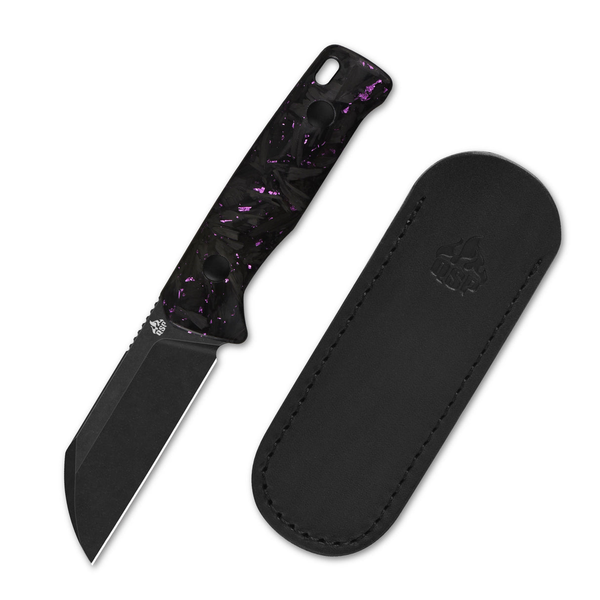QSP Baby Penguin 14C28N blade Purple shredded CF handle with Clip Slip sheath
