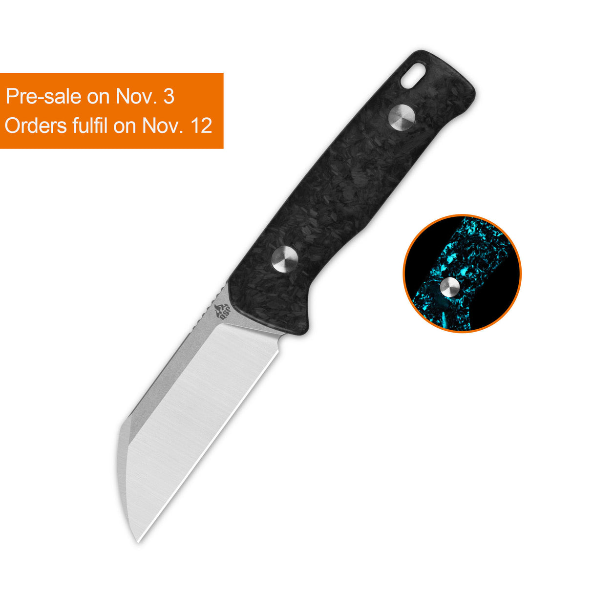 QSP Baby Penguin 14C28N blade Blue glow-in-the-dark shredded CF handle with Clip Slip sheath
