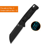 QSP Baby Penguin 14C28N blade Blue glow-in-the-dark shredded CF handle with Clip Slip sheath