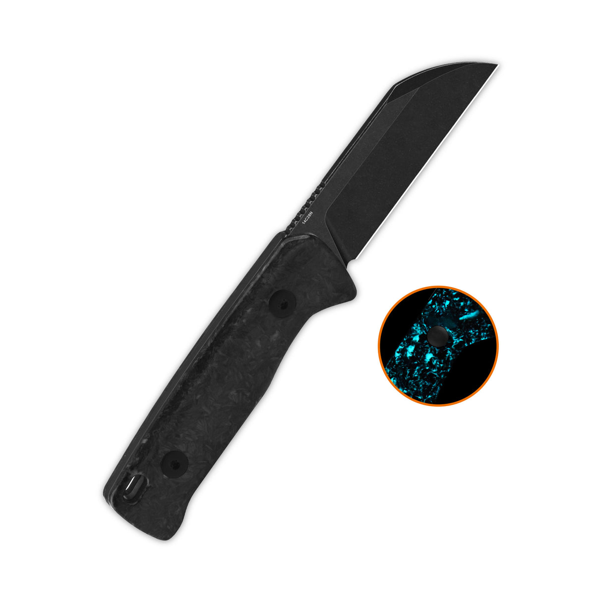 QSP Baby Penguin 14C28N blade Blue glow-in-the-dark shredded CF handle with Clip Slip sheath