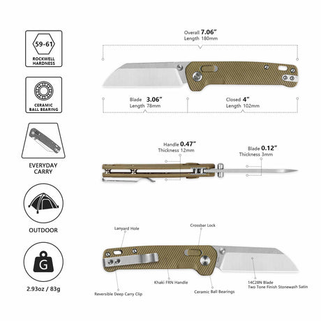 QSP Penguin Glyde Lock Pocket Knife 14C28N Blade Khaki FRN Handle