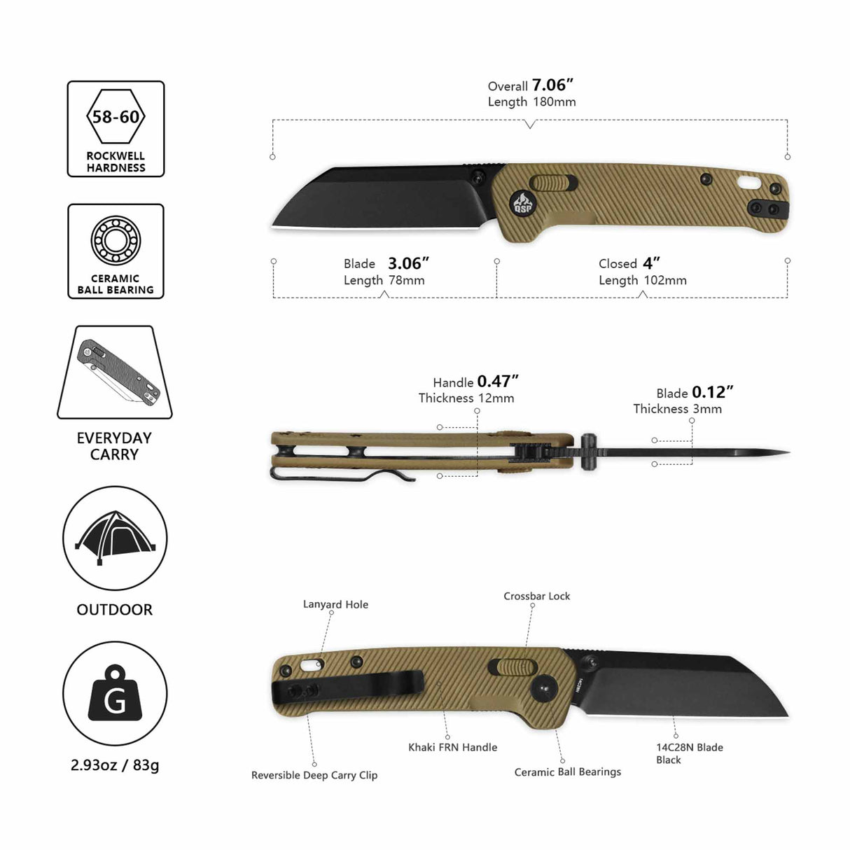 QSP Penguin Glyde Lock Pocket Knife 14C28N Blade Khaki FRN Handle