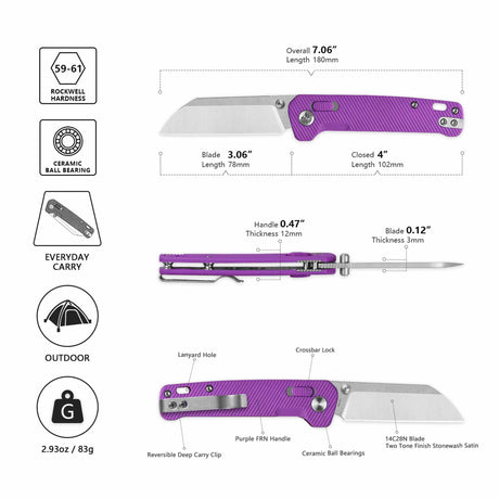 QSP Penguin Glyde Lock Pocket Knife 14C28N Blade Purple FRN Handle