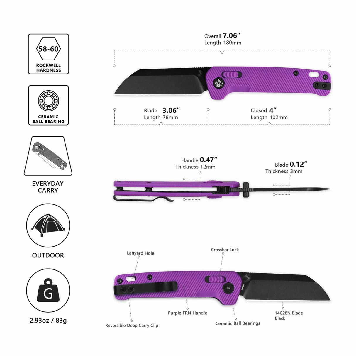 QSP Penguin Glyde Lock Pocket Knife 14C28N Blade Purple FRN Handle
