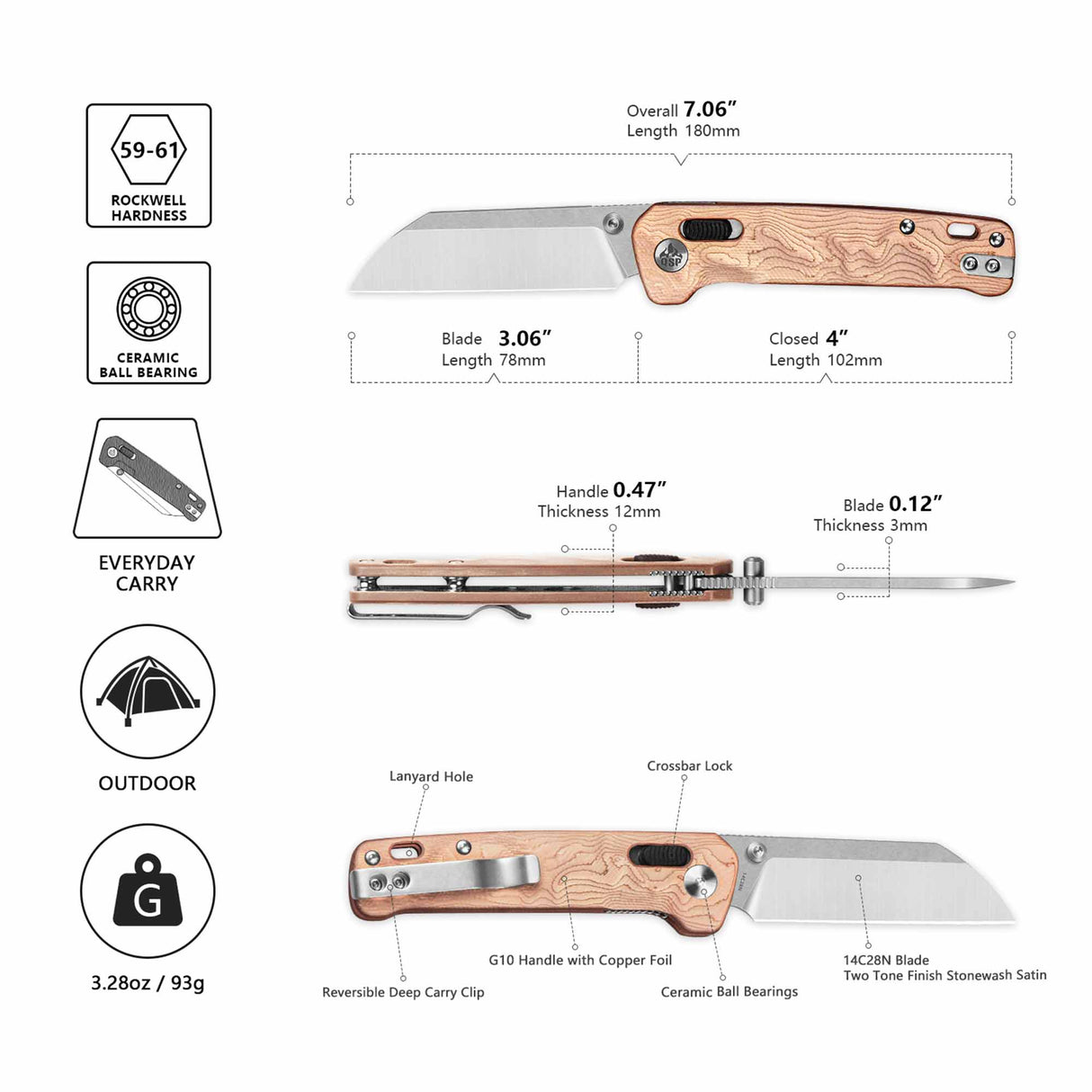 QSP Penguin Glyde Lock Pocket Knife 14C28N Blade G10 with Copper Foil Handle