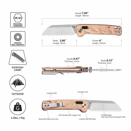 QSP Penguin Glyde Lock Pocket Knife 14C28N Blade G10 with Copper Foil Handle
