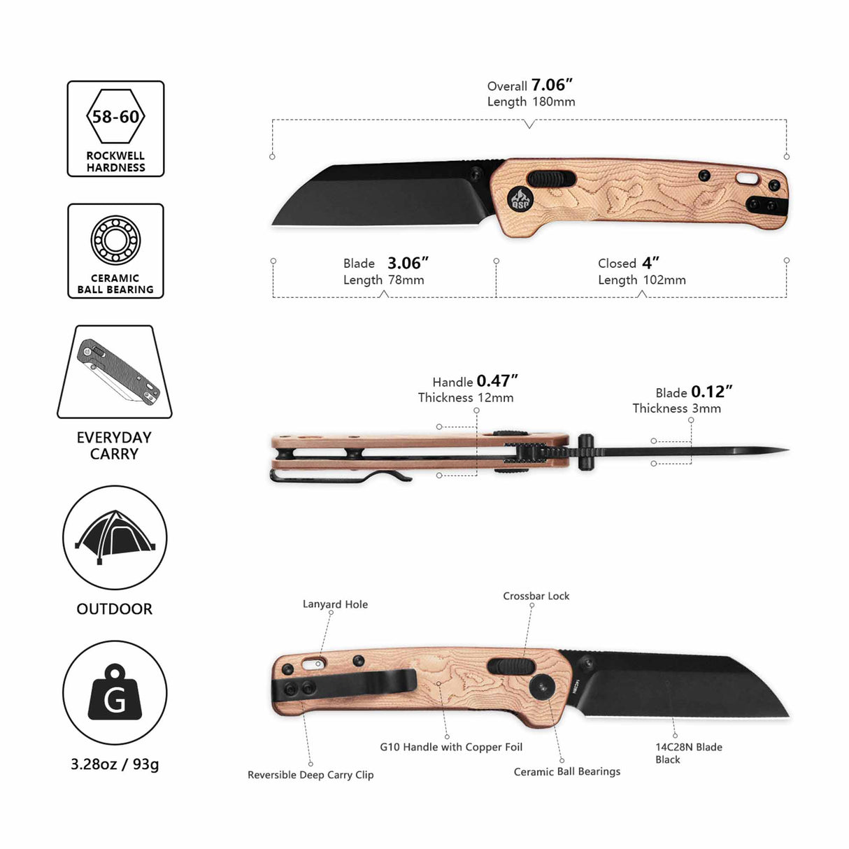 QSP Penguin Glyde Lock Pocket Knife 14C28N Blade G10 with Copper Foil Handle